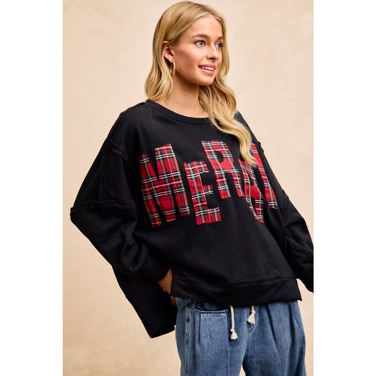 CHRISTMAS PLAID MERRY LETTERING FLEECE SWEATSHIRT