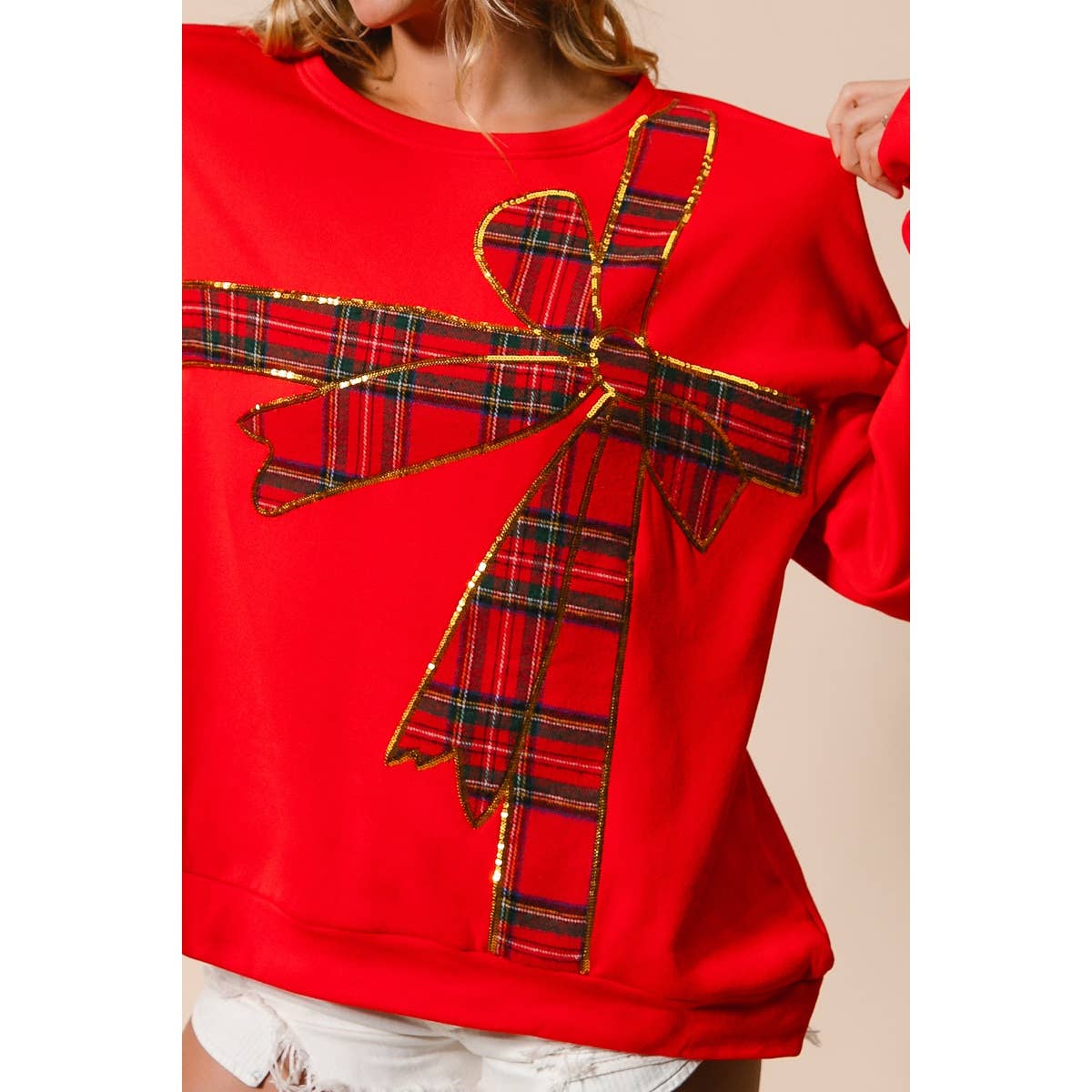 PLAID RIBBON BOW DETAIL PULLOVER