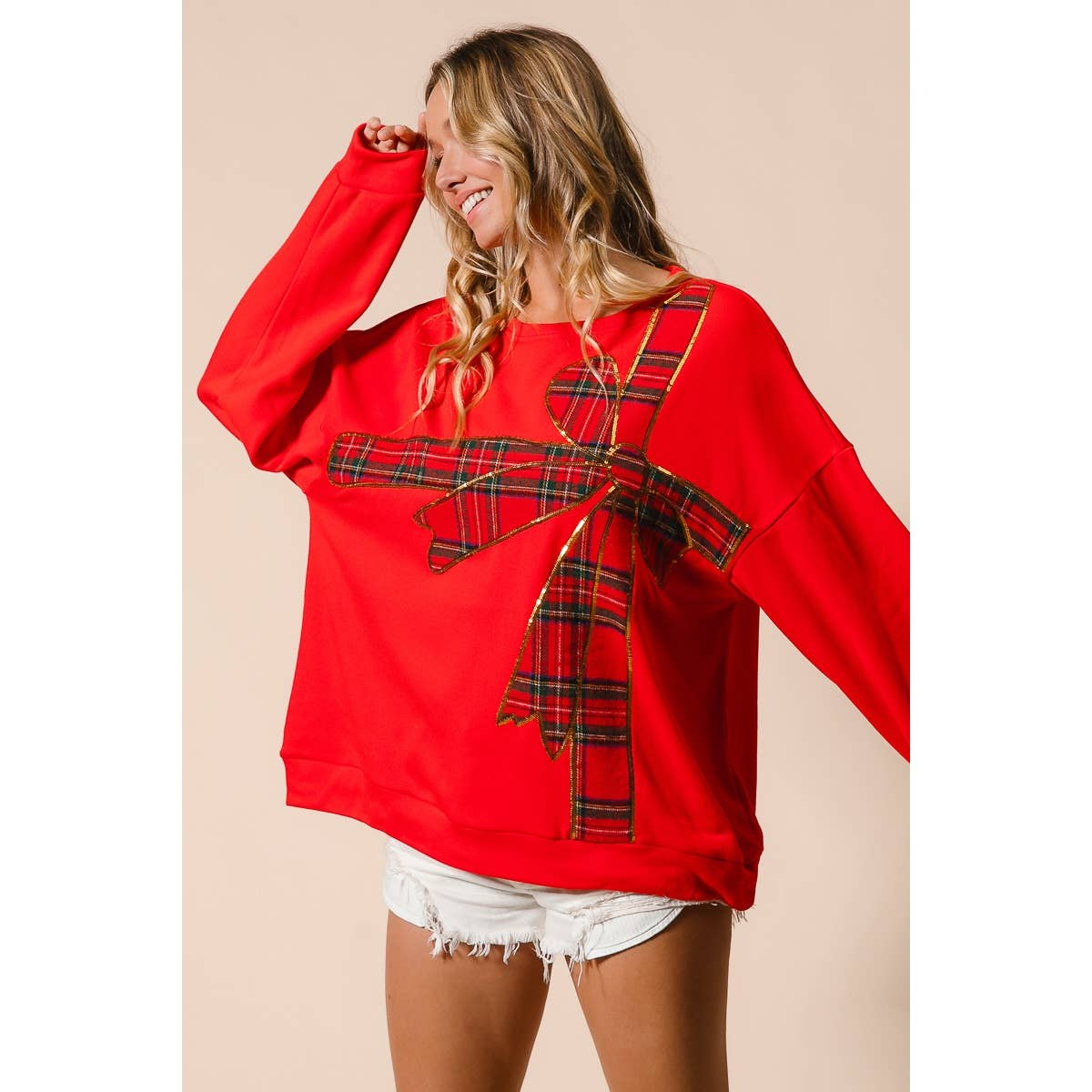 PLAID RIBBON BOW DETAIL PULLOVER