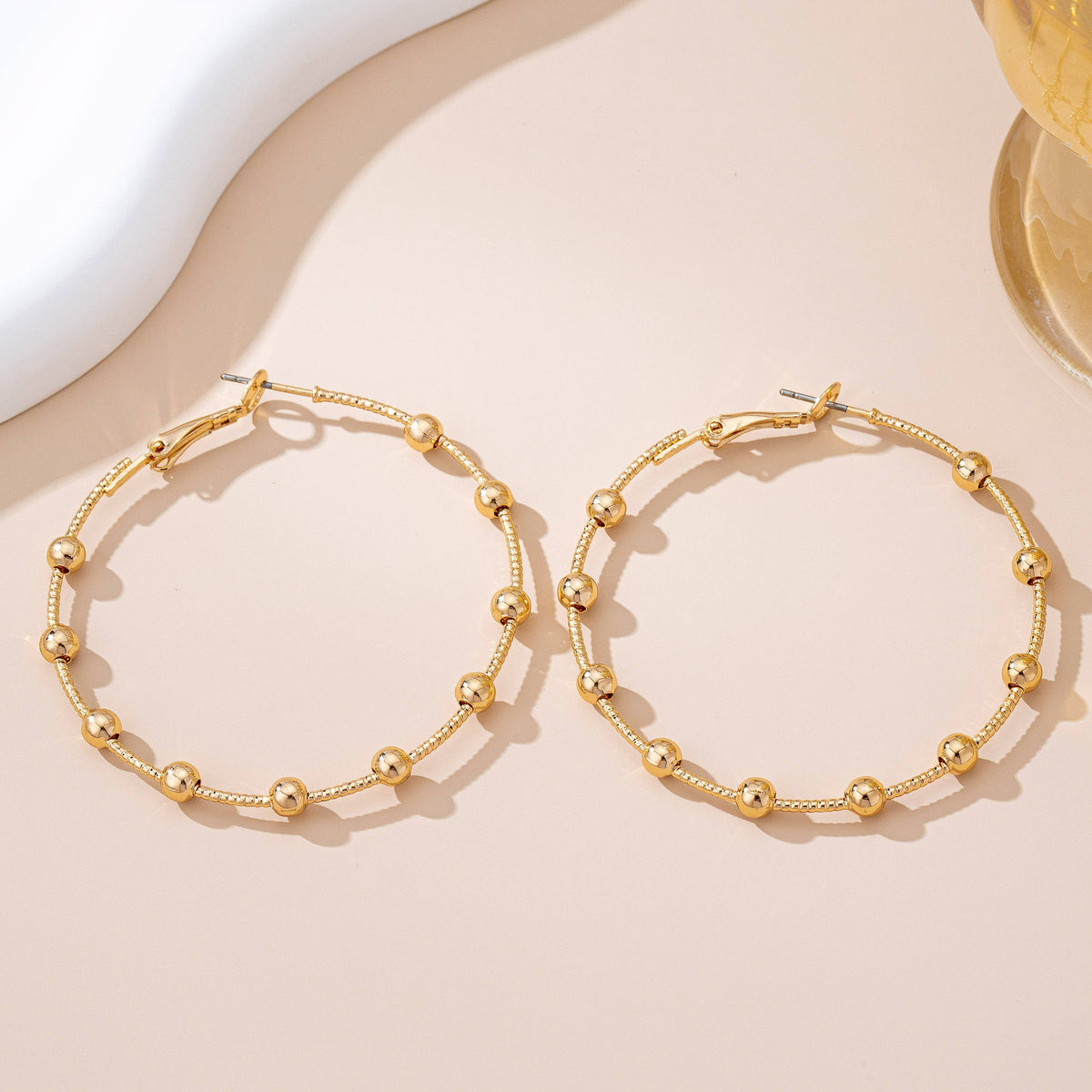 Classic Gold Ball Beaded Station Hoop Earrings
