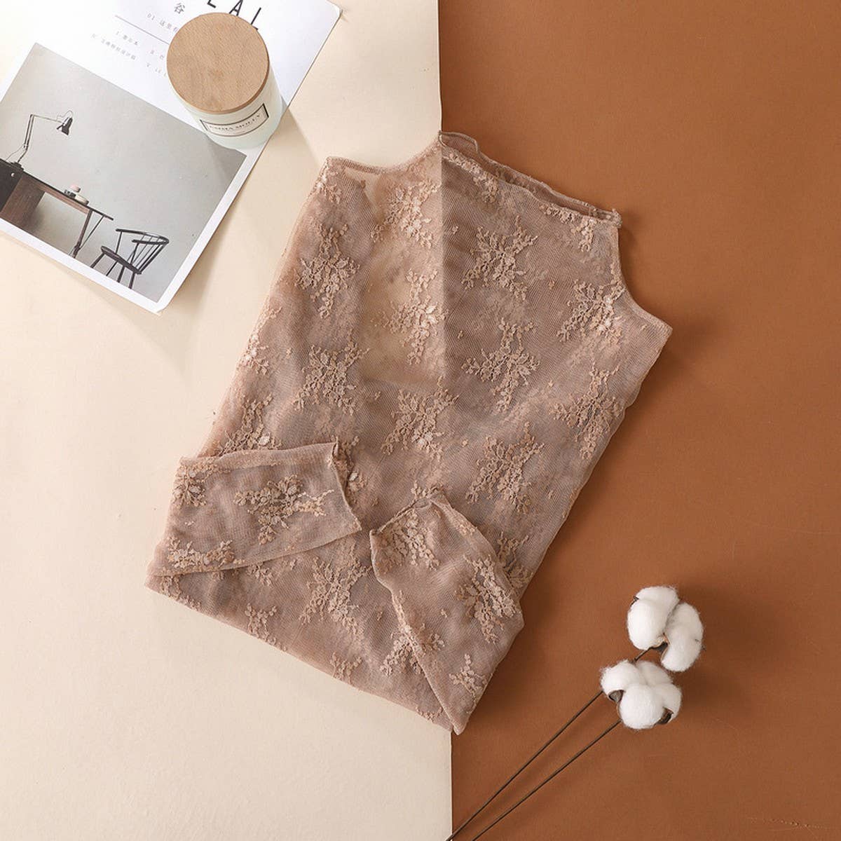 SEMI SHEER MESH LACE SLIM BOTTOMING SHIRT