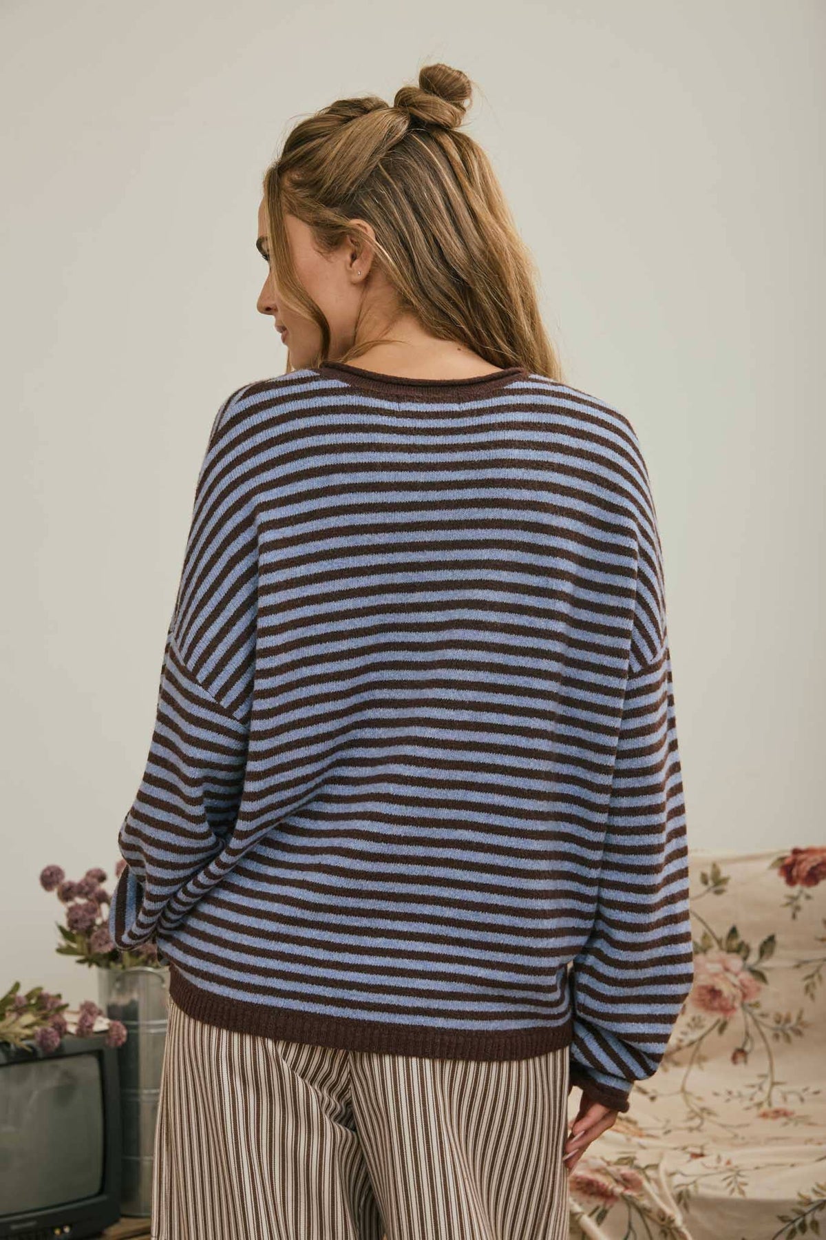 BUTTON HENLEY STRIPE LONG SLEEVE DROP SHOULDER SWEATER