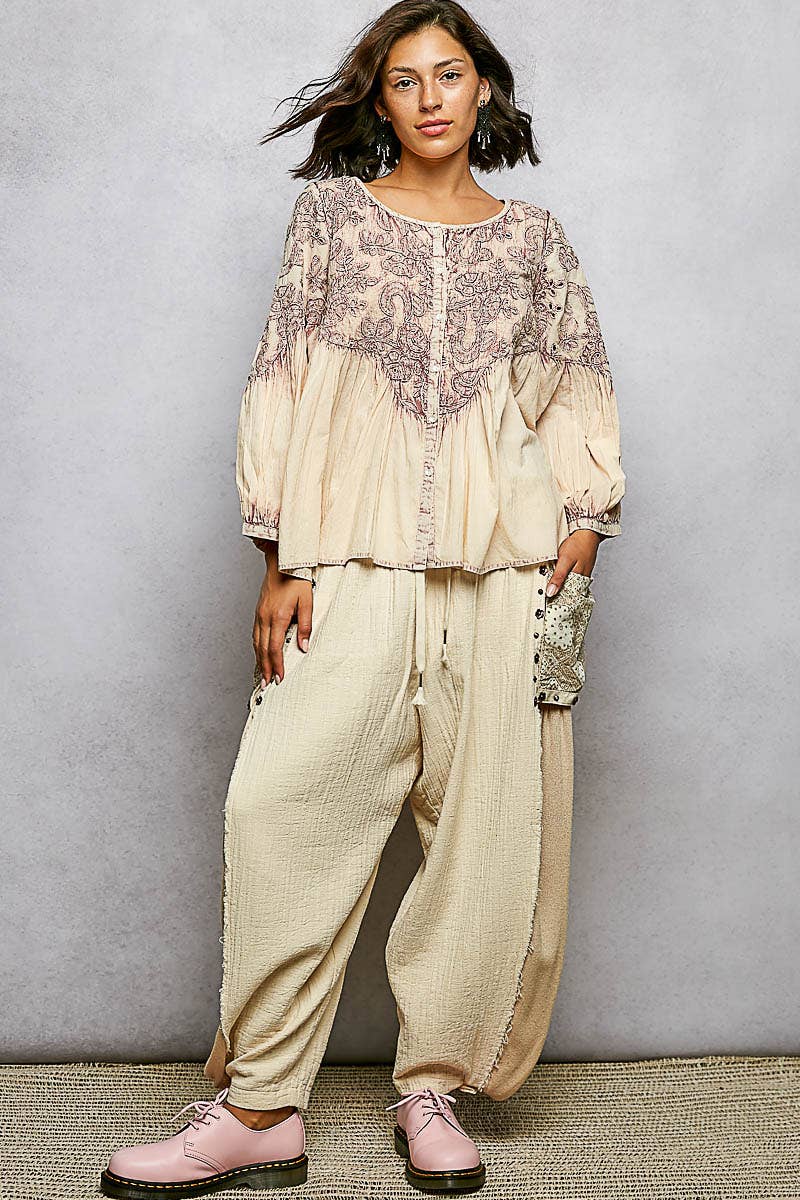 3/4 Sleeve Round Neck Vintage Washing Embroidered Shirt Top