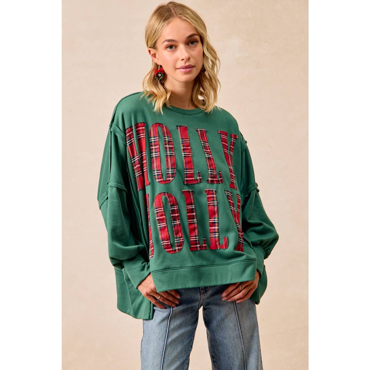 PLAID HOLLY JOLLY LETTERING SWEATSHIRT