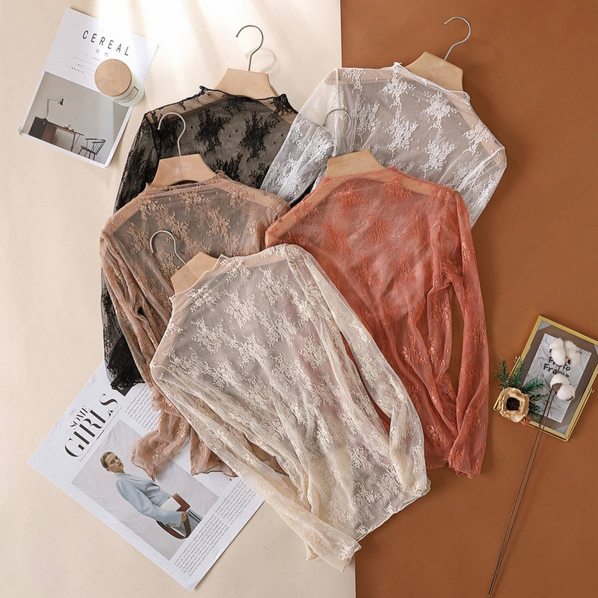 SEMI SHEER MESH LACE SLIM BOTTOMING SHIRT