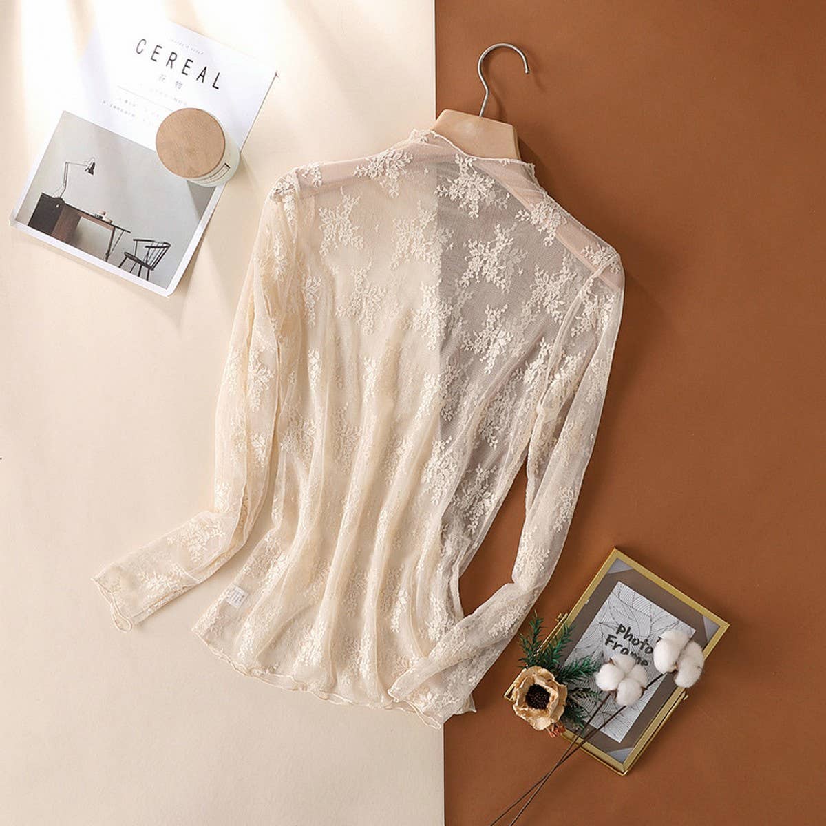 SEMI SHEER MESH LACE SLIM BOTTOMING SHIRT
