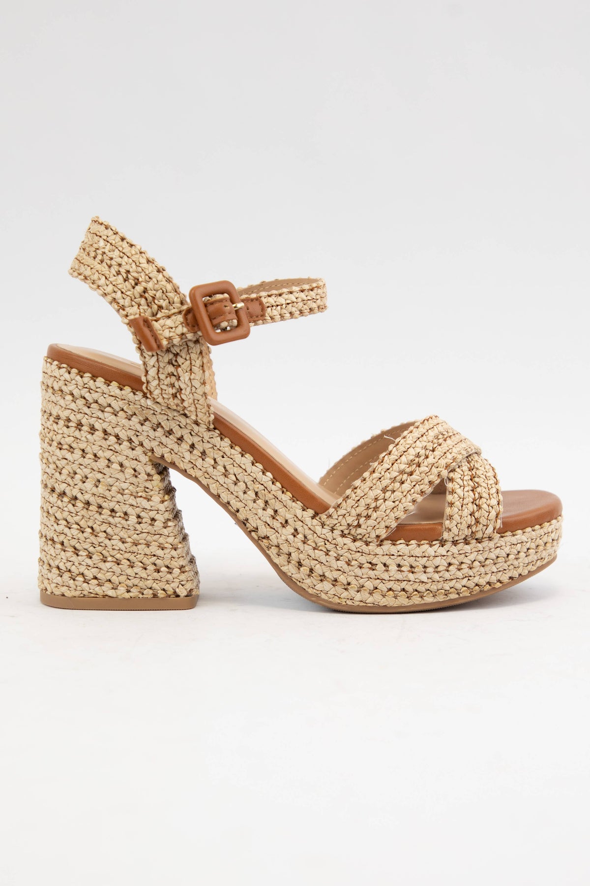 YARA RAFFIA WOVEN STRAP CHUNKY PLATFORM FLARE HEEL SANDAL
