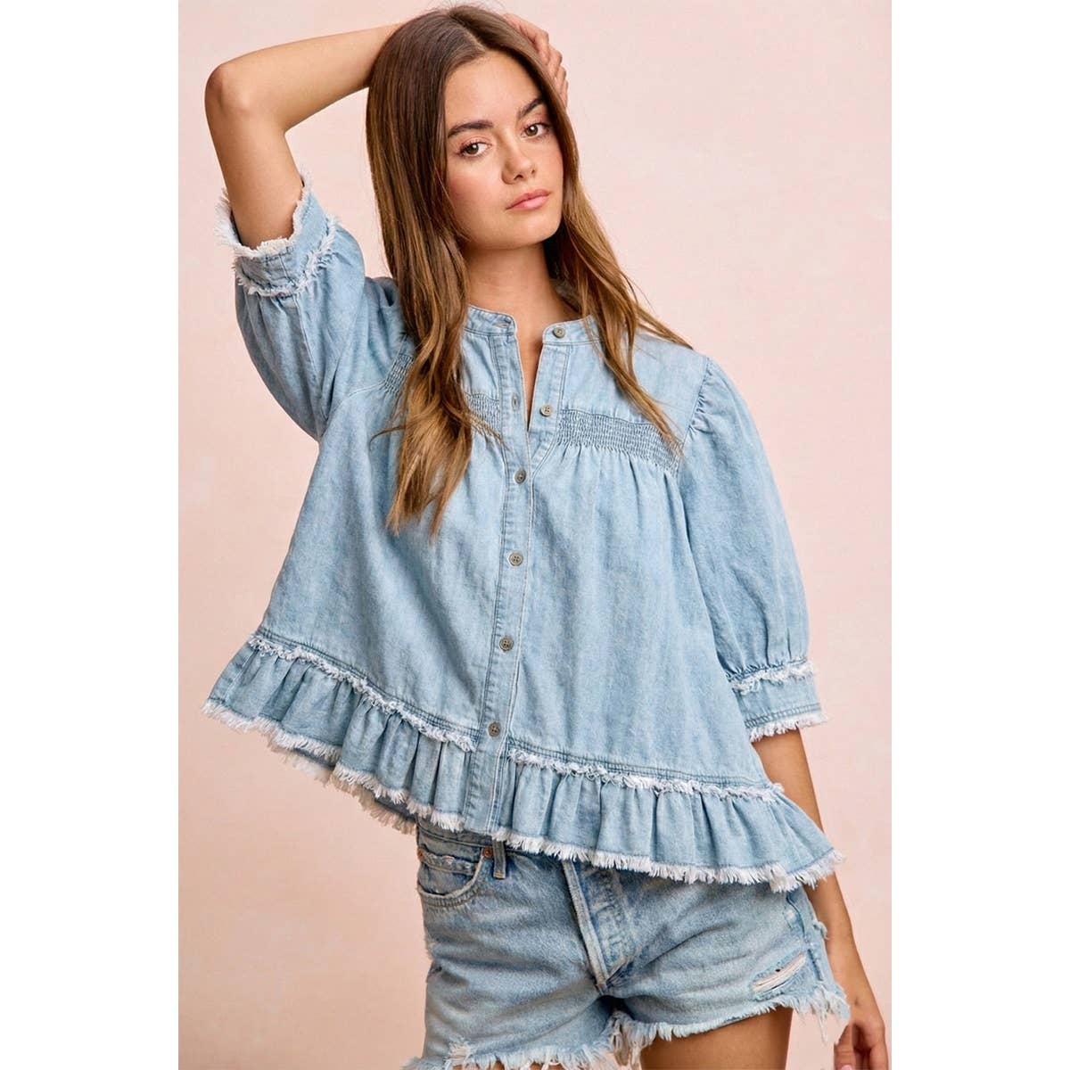 WASHED LIGHT DENIM SMOCKED DETAIL RUFFLED HEM TOP