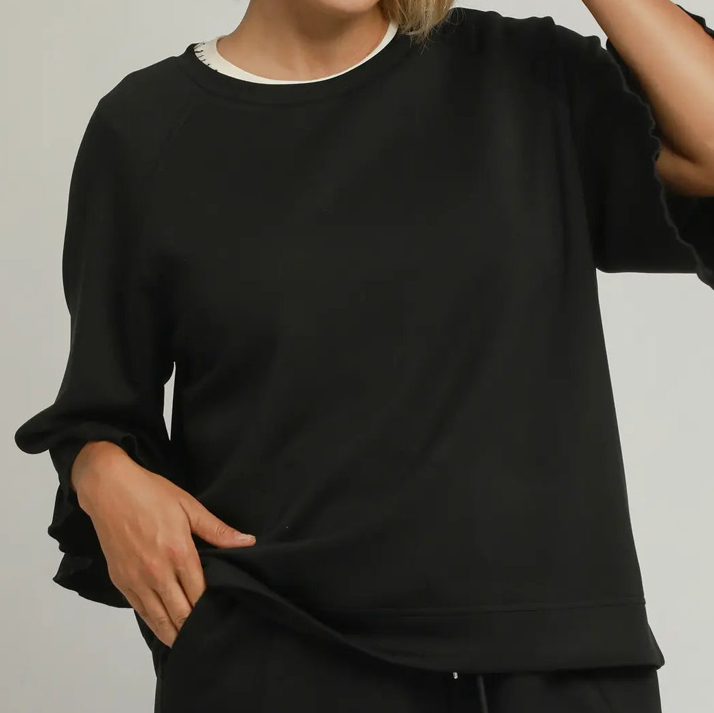 Round Neck Ruffle Tier Raglan Sleeve Top