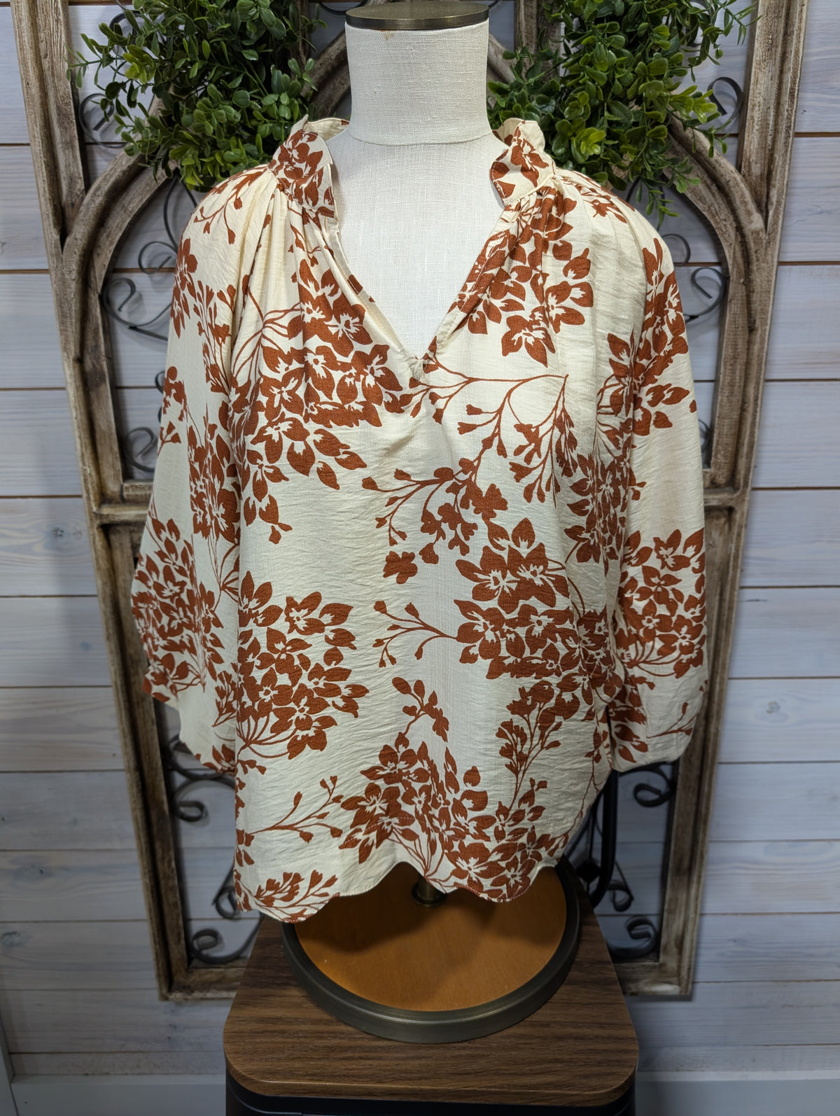 Cherry Blossom Print Scalloped Hem Blouse