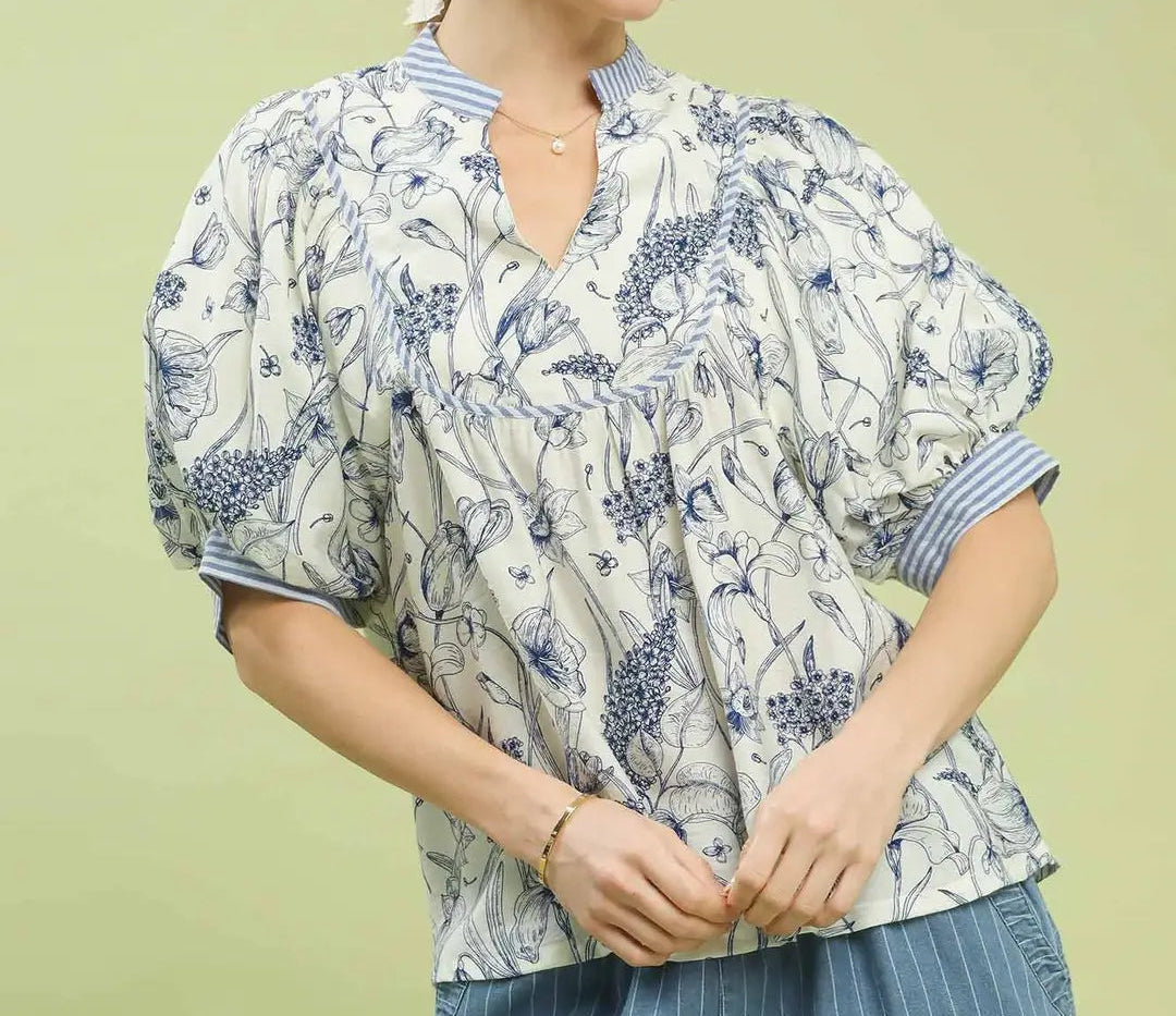 Mixed Print Puff Sleeve Split Neck Top