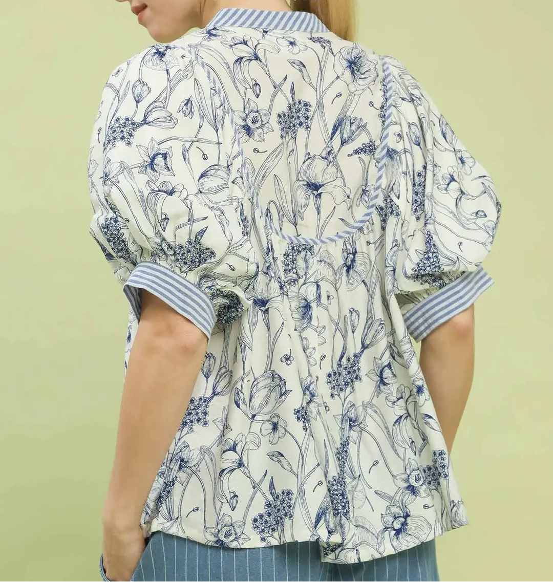 Mixed Print Puff Sleeve Split Neck Top