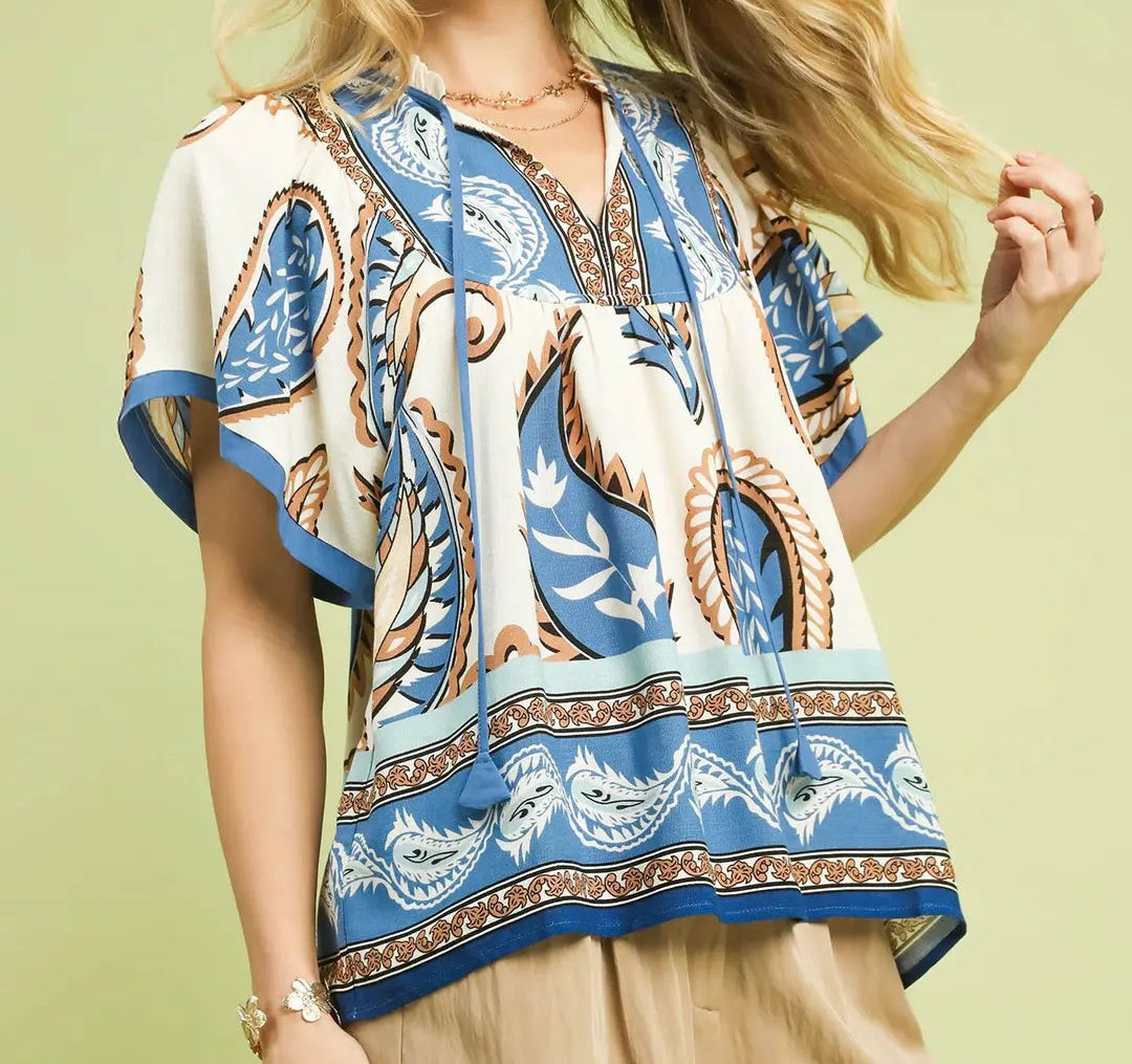 Mix Paisley Border Print Tassel Top