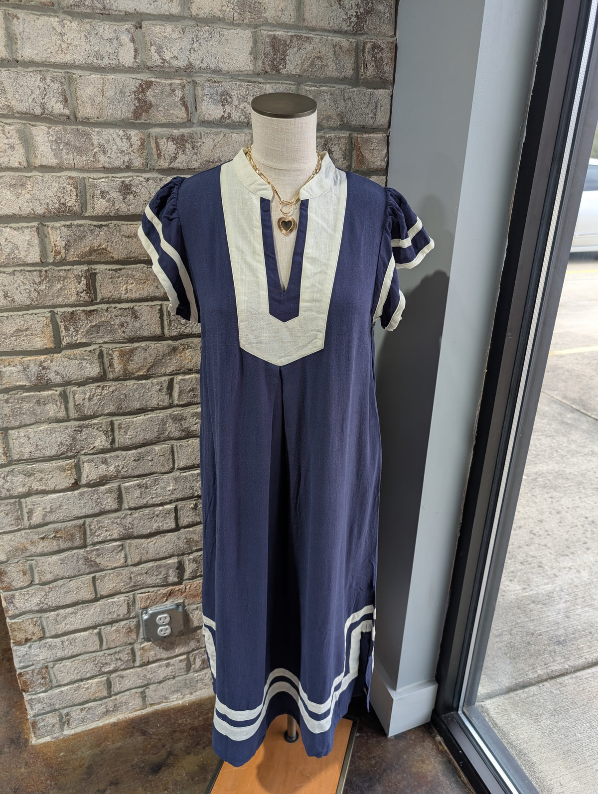 Linen Cotton Contrast Neckline Midi Dress Plus