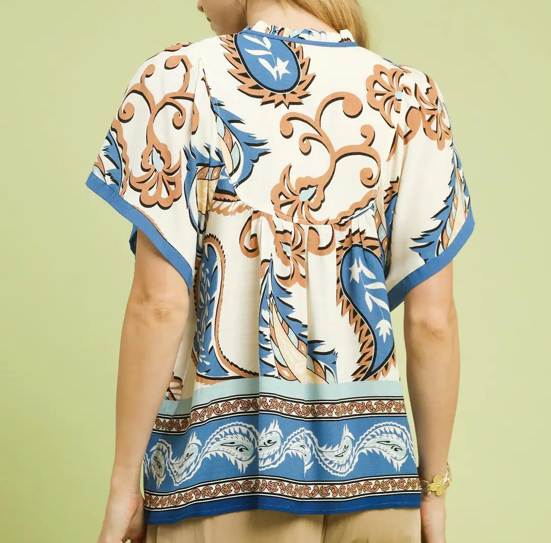 Mix Paisley Border Print Tassel Top