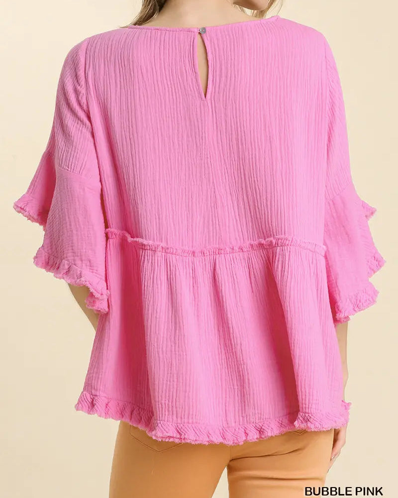 Gauze Round Neck Short Bell Sleeve Babydoll Top