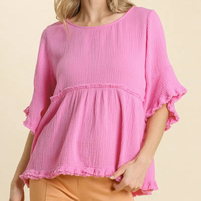 Gauze Round Neck Short Bell Sleeve Babydoll Top