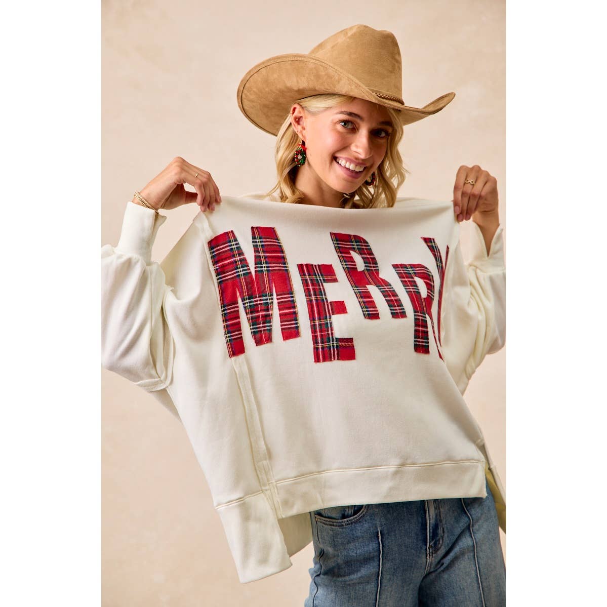 CHRISTMAS PLAID MERRY LETTERING FLEECE SWEATSHIRT