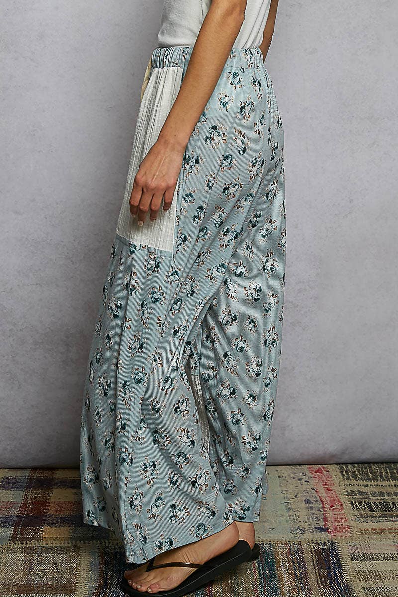 Linen Patch Outseam Detail Floral Wide Pants