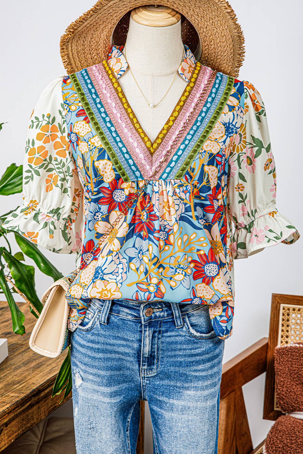 Crochet Boho Half Sleeve Floral Blouse