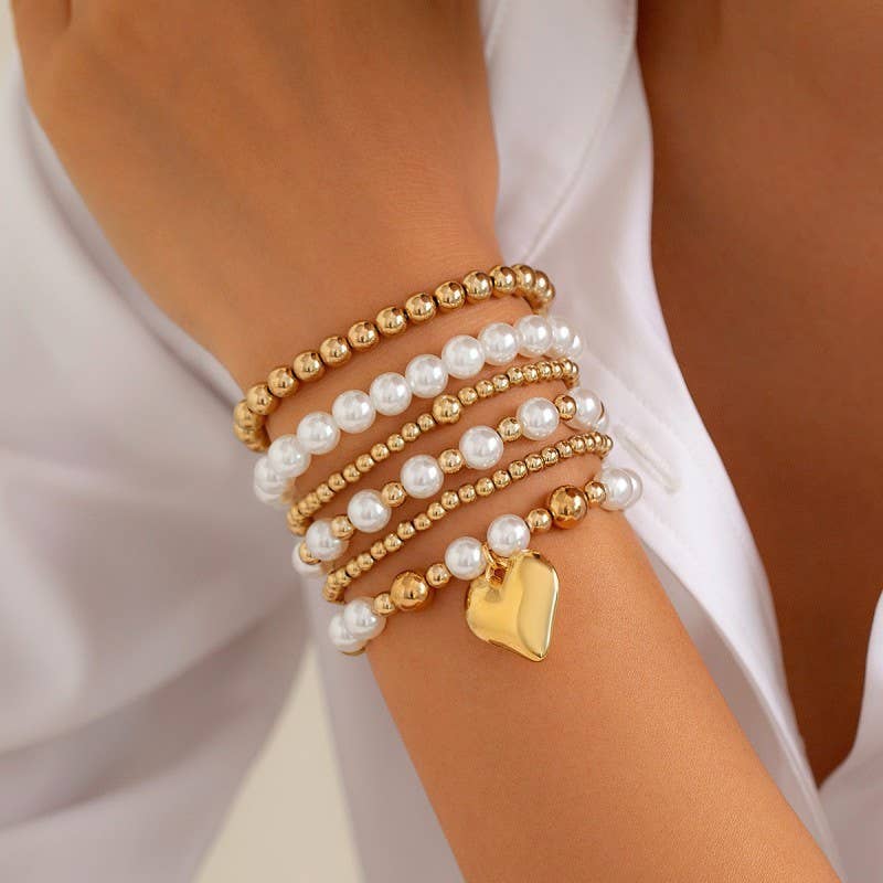MULTILAYER BALL PEARL CHAIN BEAD HEART BRACELET