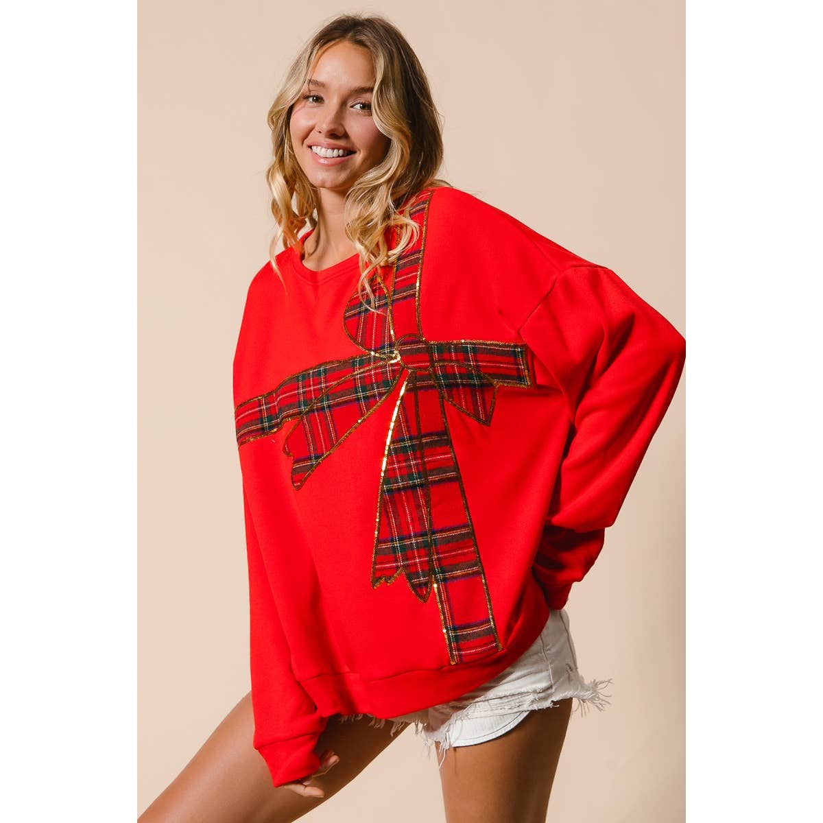 PLAID RIBBON BOW DETAIL PULLOVER
