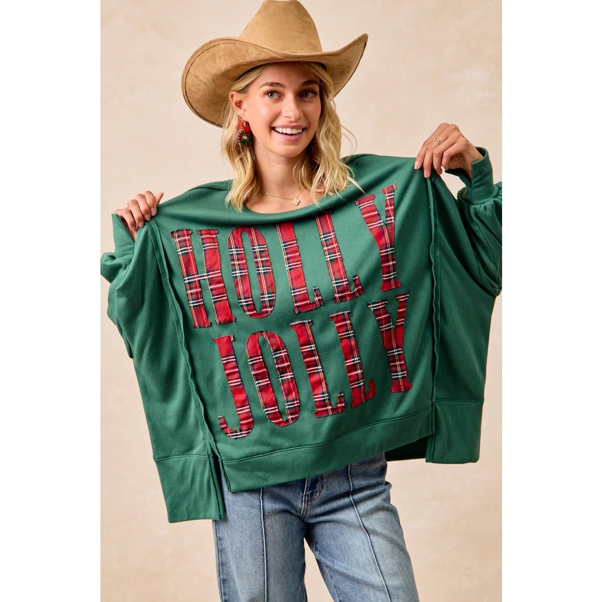 PLAID HOLLY JOLLY LETTERING SWEATSHIRT