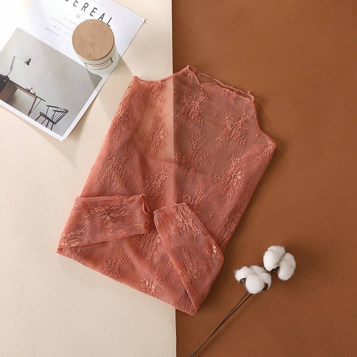 SEMI SHEER MESH LACE SLIM BOTTOMING SHIRT