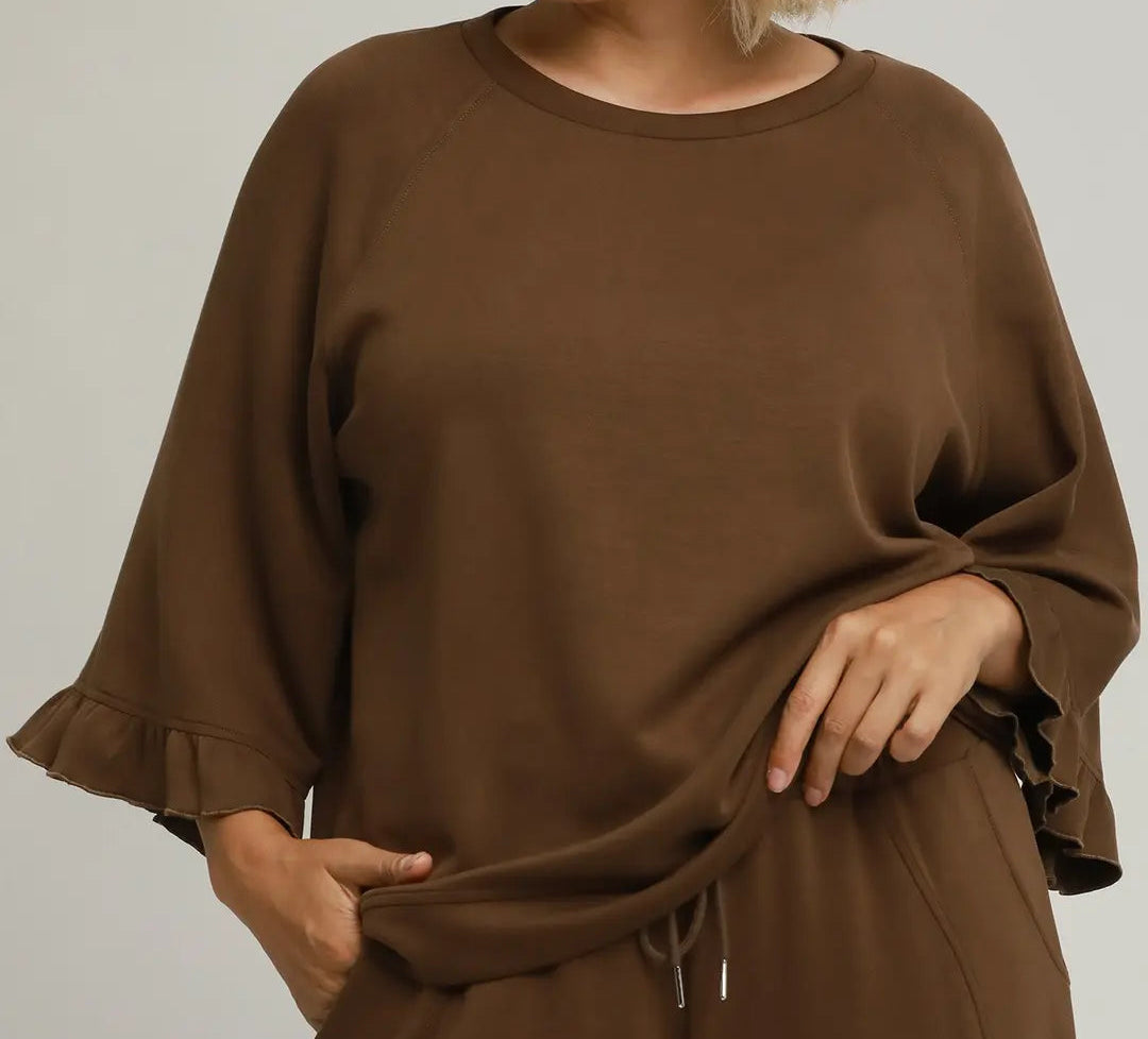 Round Neck Ruffle Tier Raglan Sleeve Top