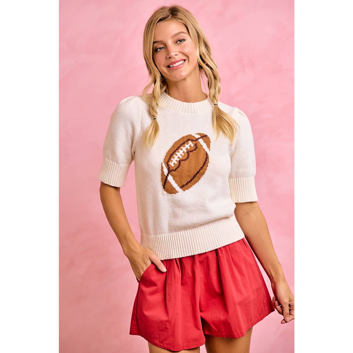 GAMEDAY THEME PUFF SLEEVES HALF SLEEVES KNIT TOP