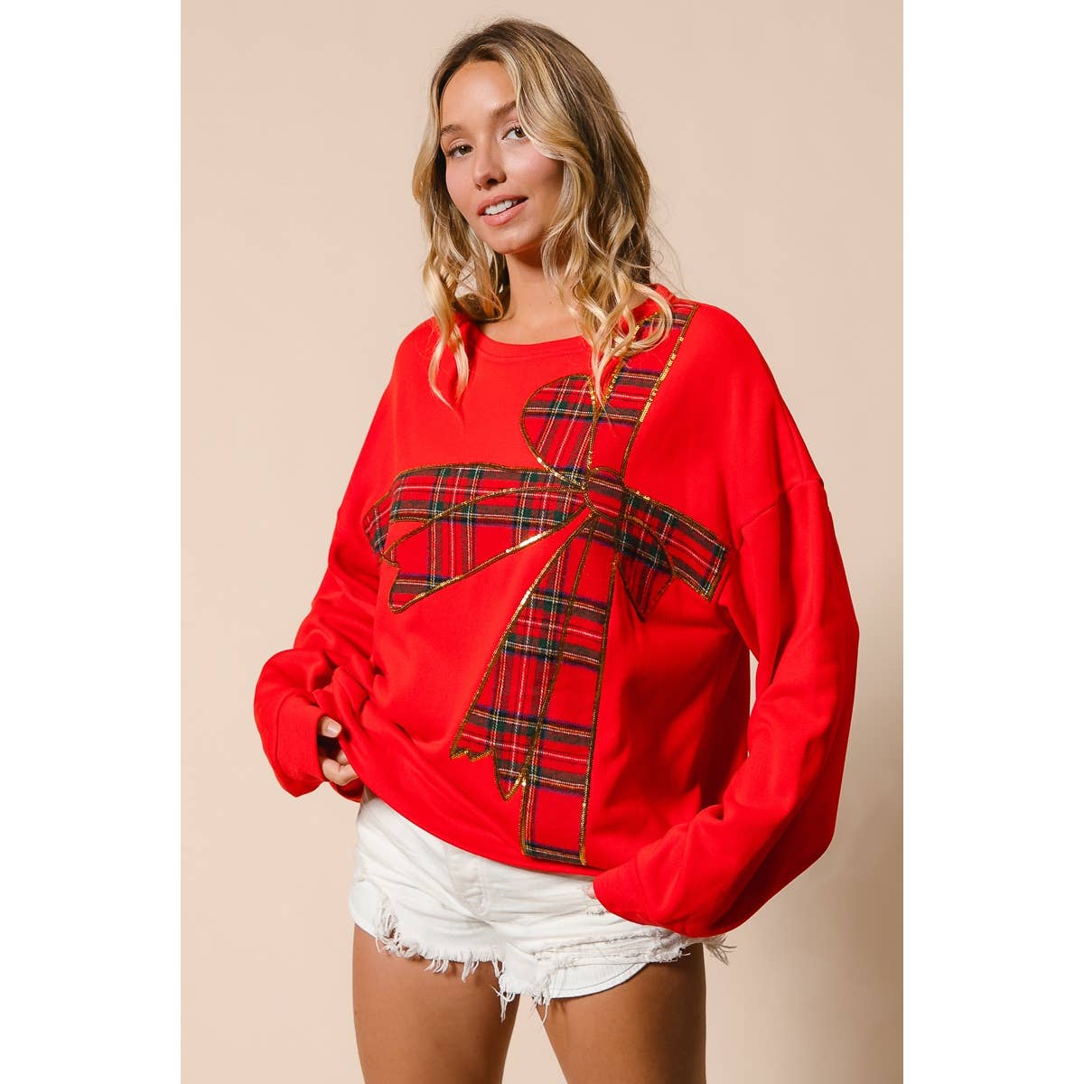 PLAID RIBBON BOW DETAIL PULLOVER