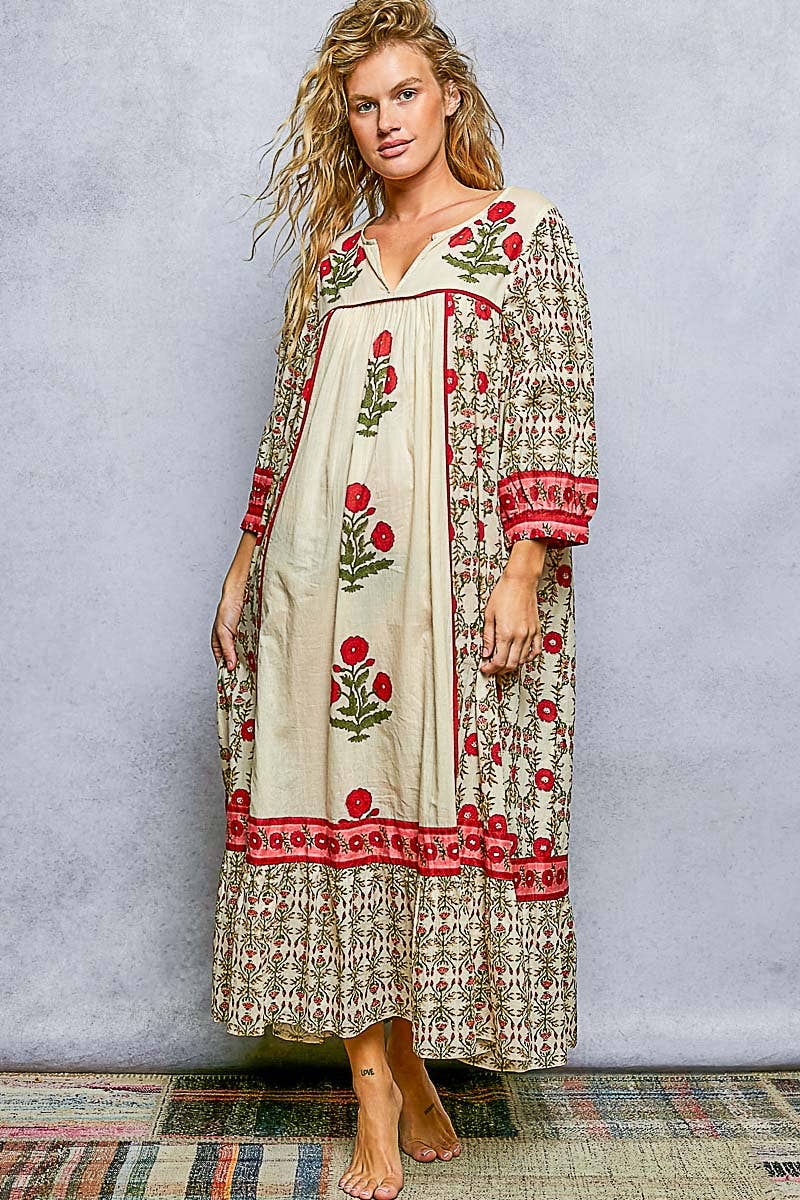 Floral Shirring 3/4 Sleeve Flowy Maxi Dress