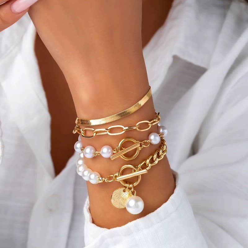 MULTILAYER PEARL CHAIN HERRINGBONE MIX BRACELET