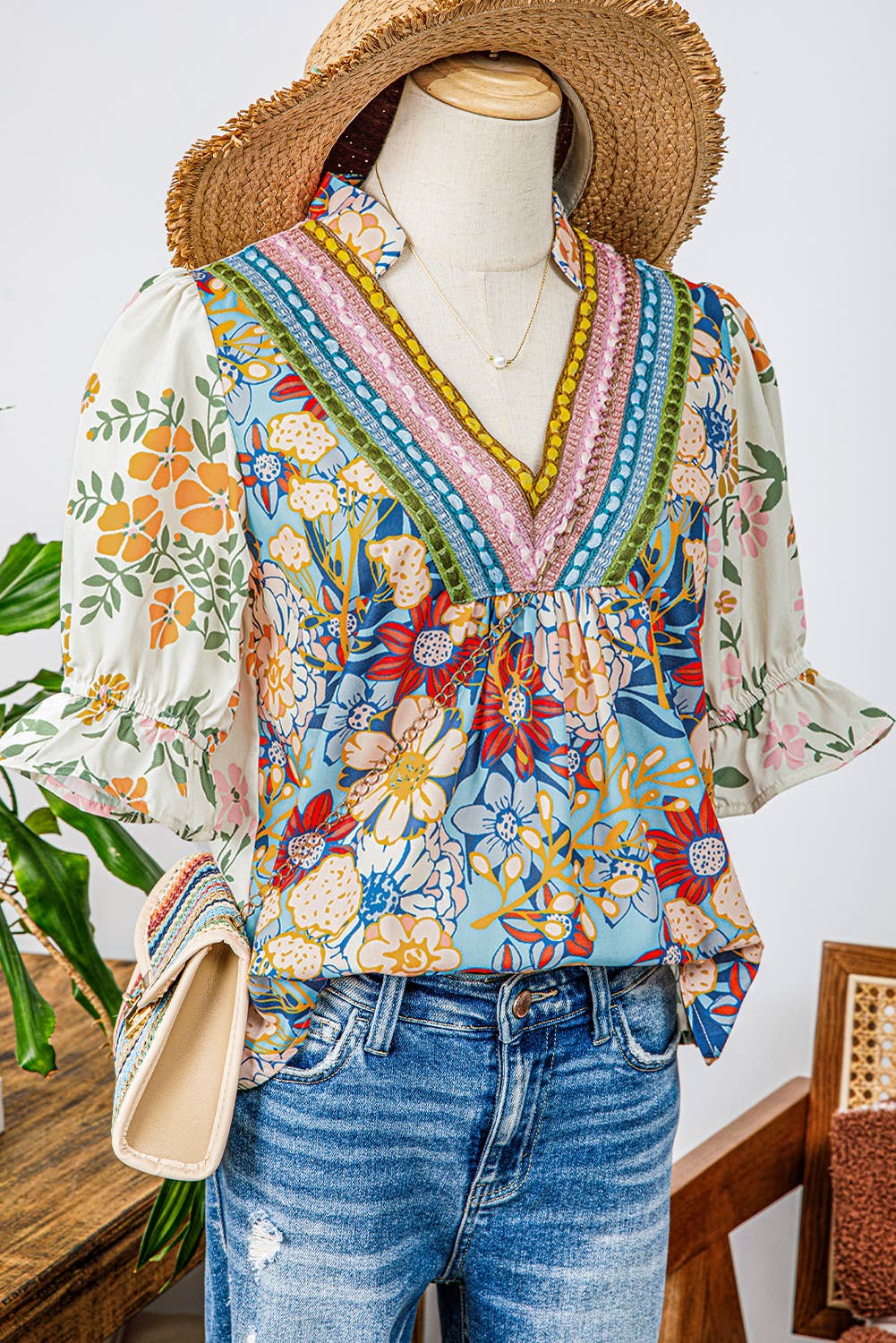 Crochet Boho Half Sleeve Floral Blouse