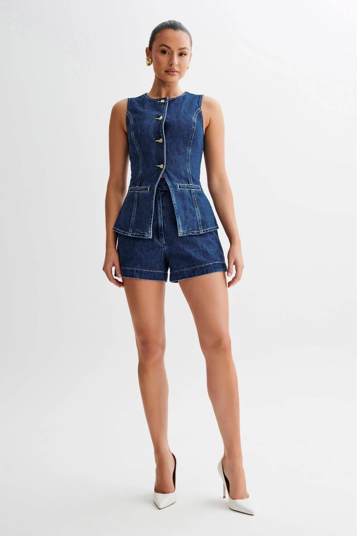 Casual Sleeveless Top High-Waist Denim Shorts Set