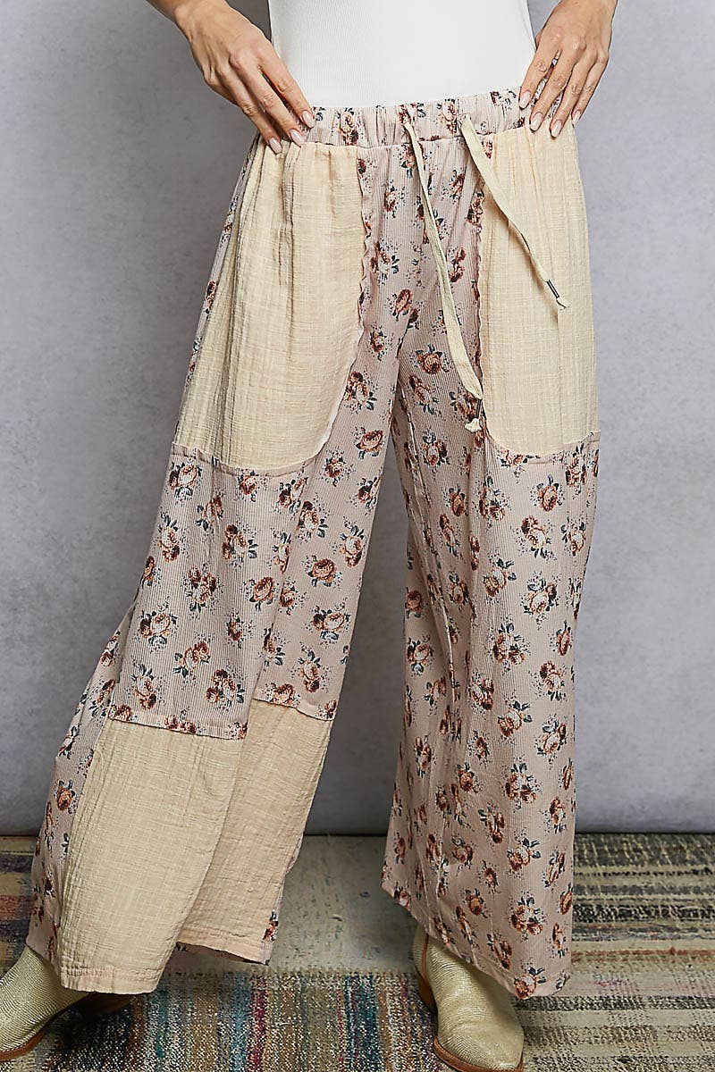 Linen Patch Outseam Detail Floral Wide Pants