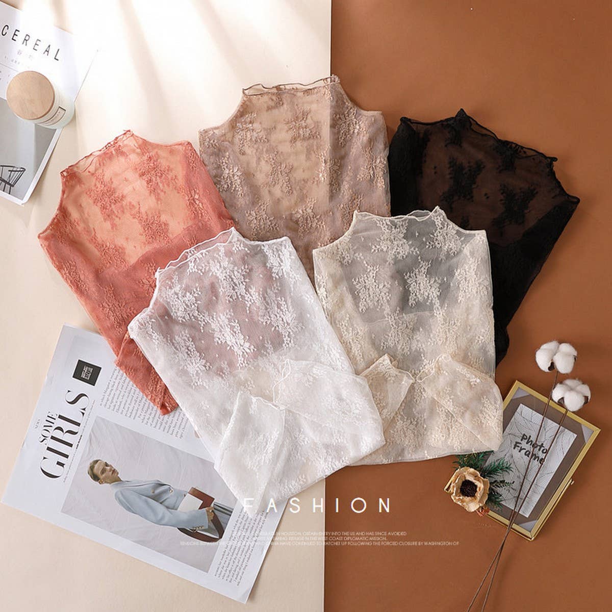 SEMI SHEER MESH LACE SLIM BOTTOMING SHIRT