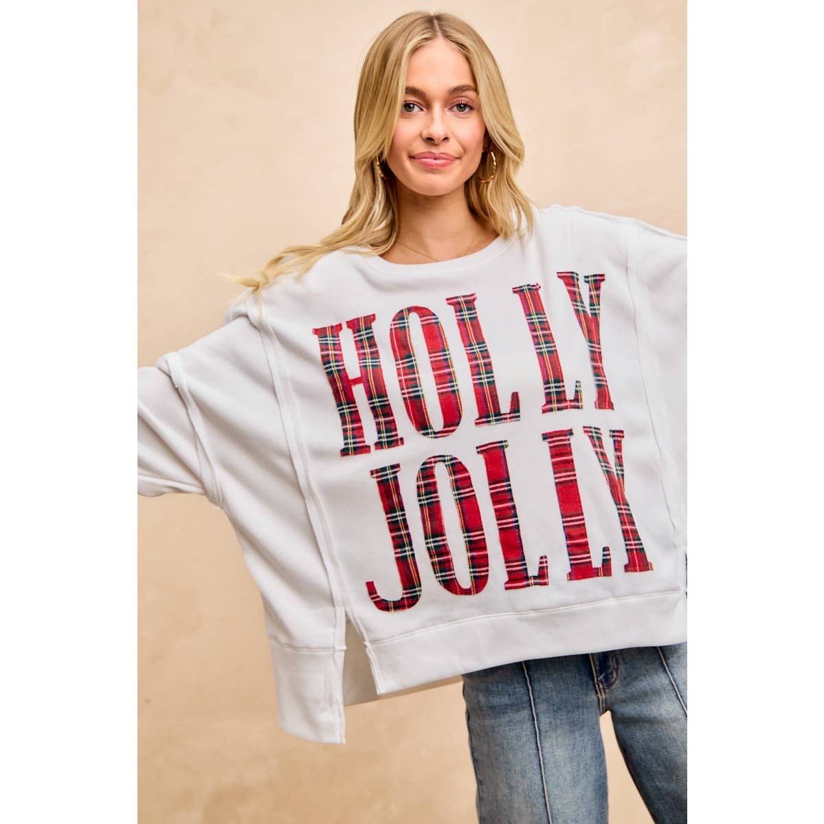 PLAID HOLLY JOLLY LETTERING SWEATSHIRT