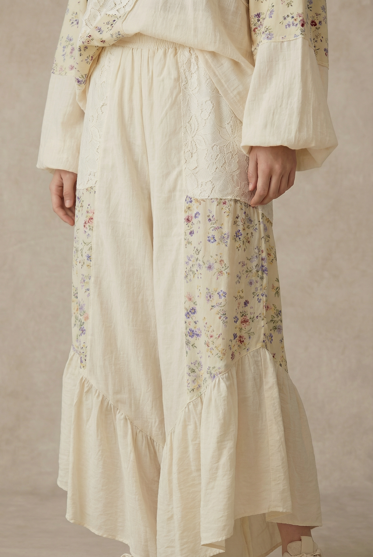 Floral Patchwork Ruffle Pants