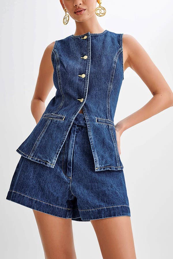Casual Sleeveless Top High-Waist Denim Shorts Set
