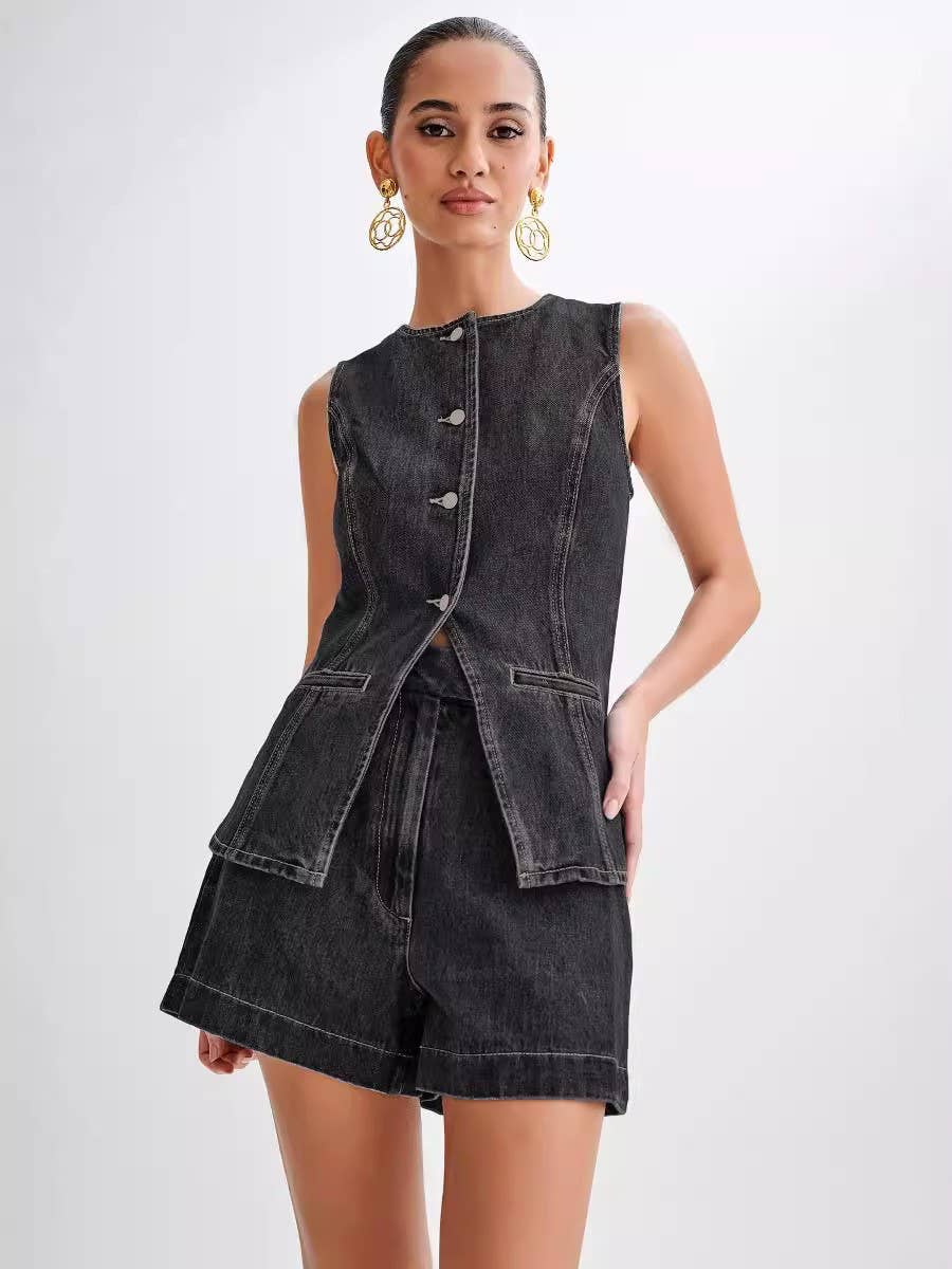 Casual Sleeveless Top High-Waist Denim Shorts Set