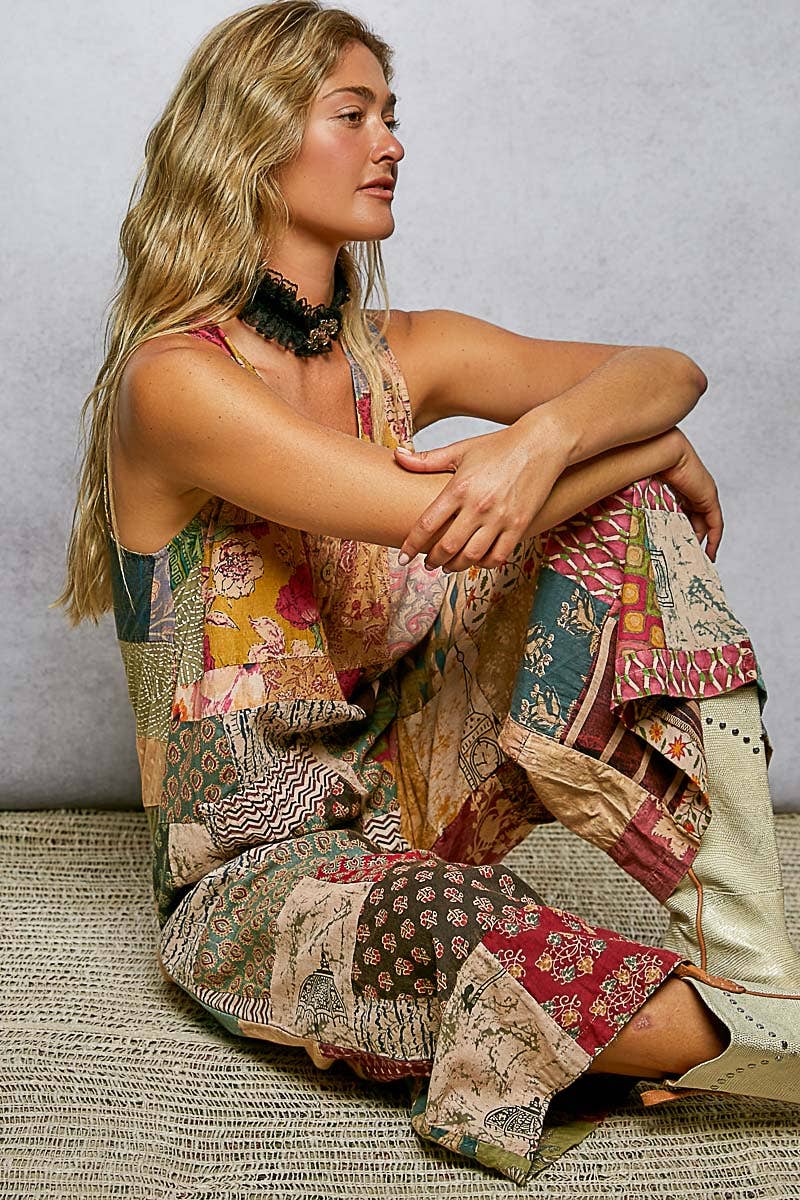 V-neck Sleeveless Varied Patchwork Dual Patch Pocket Overall