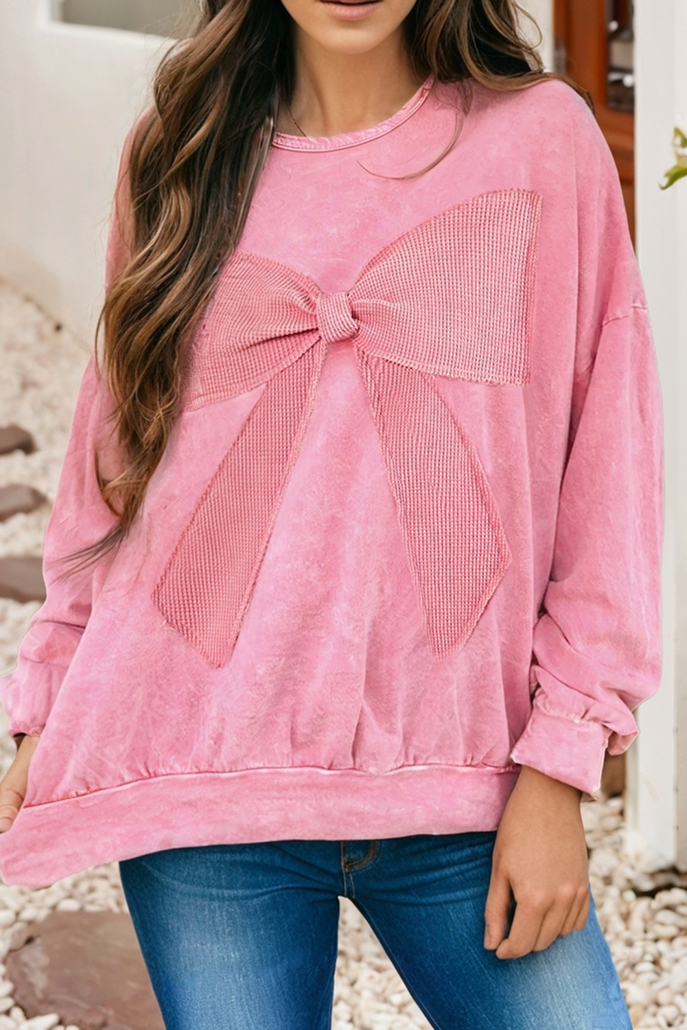 LDC Mineral Wash Big Bow Patchwork Pullover Sweatshirt