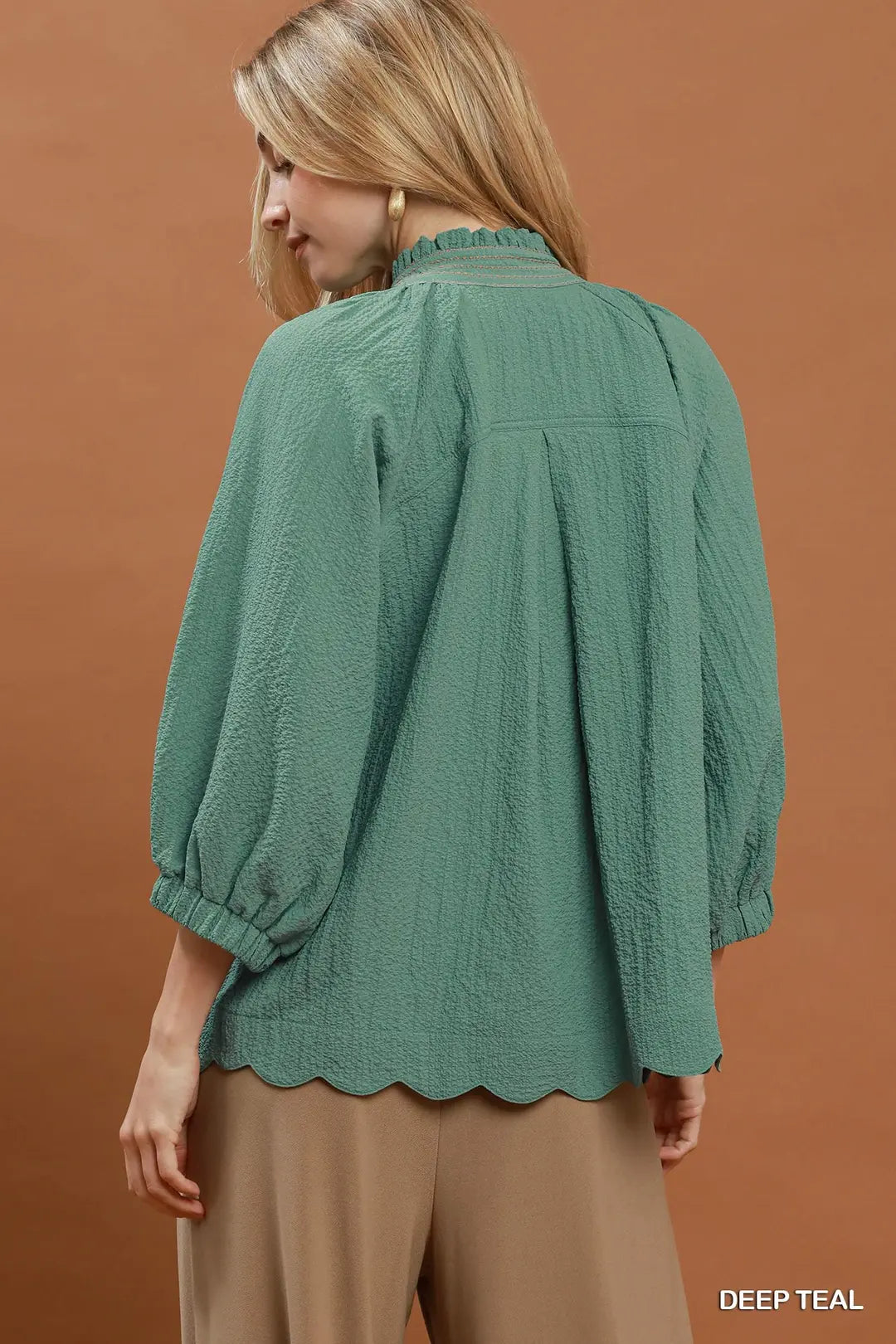 Scallop Hem Balloon Sleeve Blouse