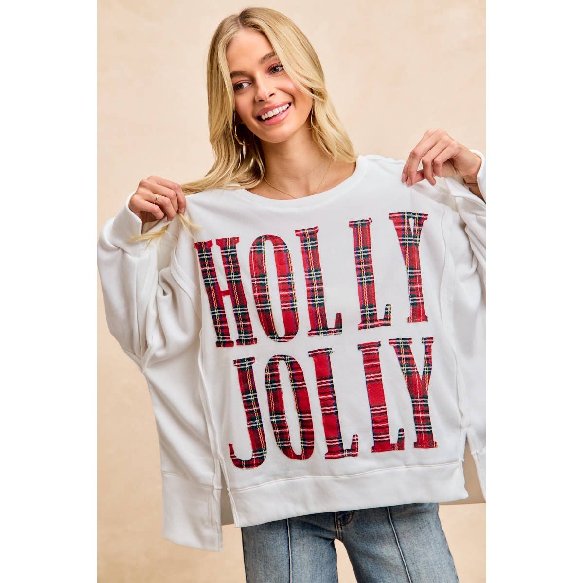 PLAID HOLLY JOLLY LETTERING SWEATSHIRT
