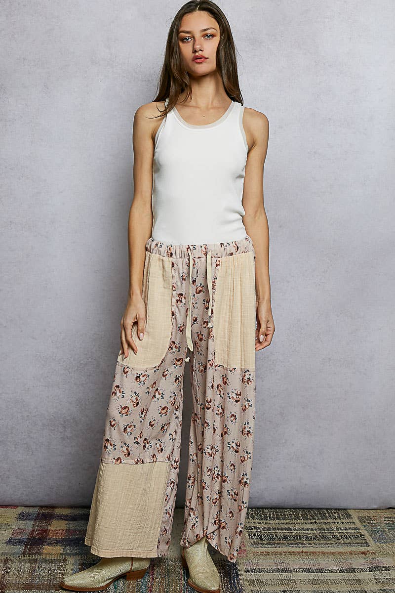 Linen Patch Outseam Detail Floral Wide Pants