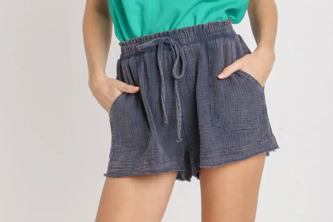 Washed Drawstring Shorts with Frayed Hem