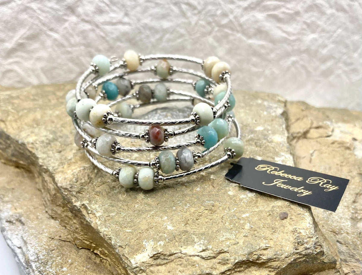 Boho Silver Wire Bracelet with Natural Stone