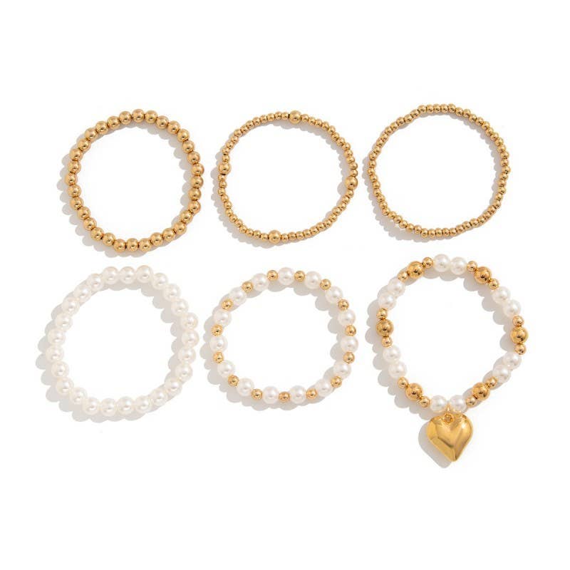 MULTILAYER BALL PEARL CHAIN BEAD HEART BRACELET