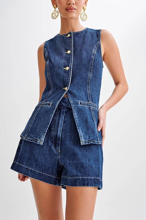 Casual Sleeveless Top High-Waist Denim Shorts Set